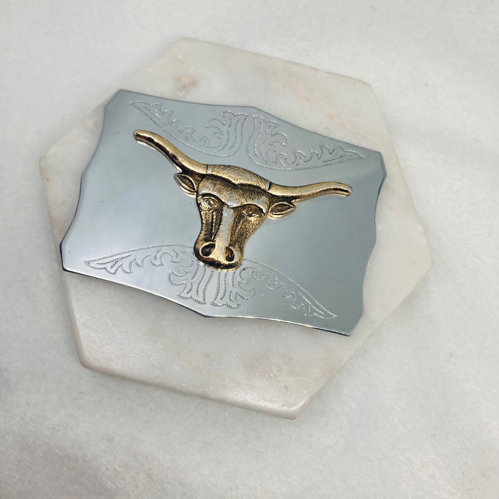 Vintage Bull Belt Buckle Horned Cattle Cow Head Japan Steel Silver Cowboy 3”